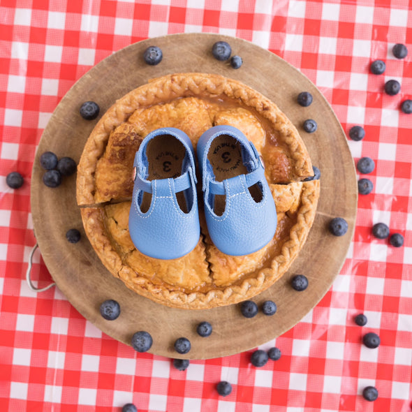 the original soft soled t-strap: backyard blue