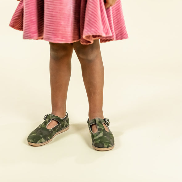 the hard soled t-strap: camouflage