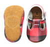 the original soft soled t-strap: buffalo check