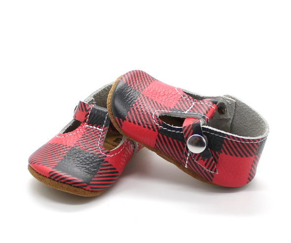 the original soft soled t-strap: buffalo check