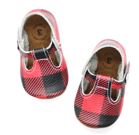 the original soft soled t-strap: buffalo check