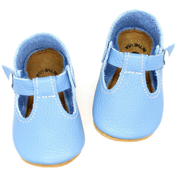 the original soft soled t-strap: backyard blue