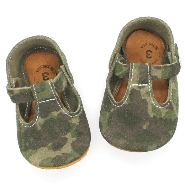 the original soft soled t-strap: suede camouflage (wholesale)