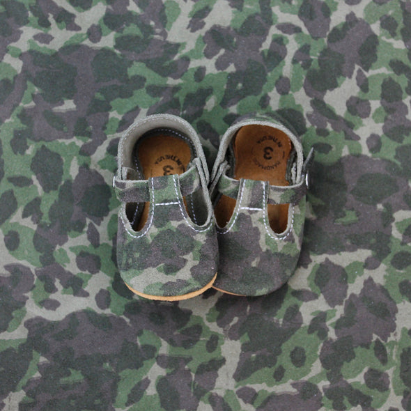 the original soft soled t-strap: suede camouflage