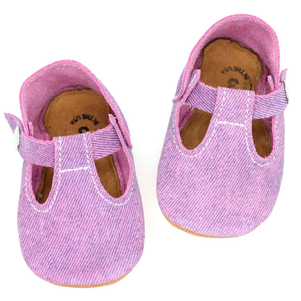 the original soft soled t-strap: pink denim