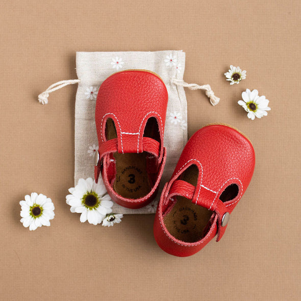 the original soft soled t-strap: red