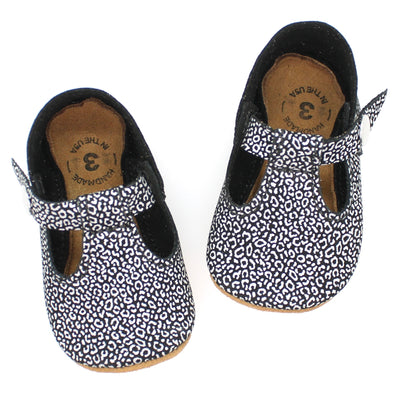 the original soft soled t-strap: silver cheetah