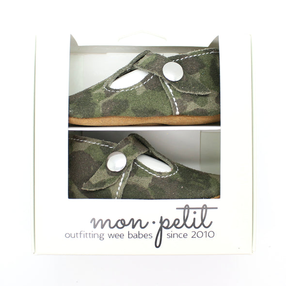 the original soft soled t-strap: suede camouflage (wholesale)